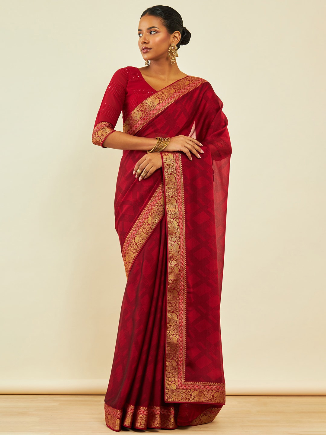 

Soch Geometric Printed Zari Saree, Maroon
