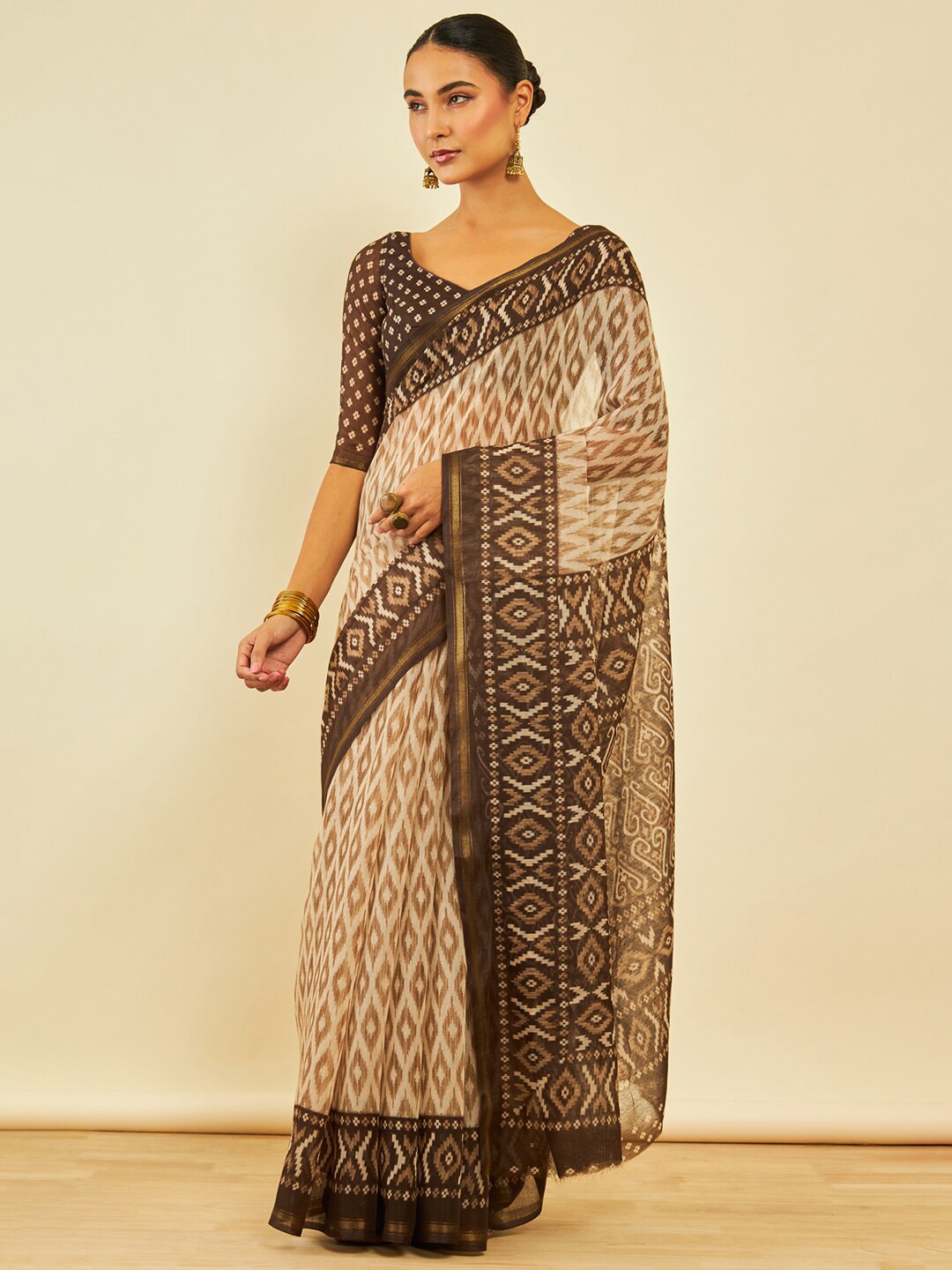 

Soch Printed Zari Chanderi Ikat Saree, Brown