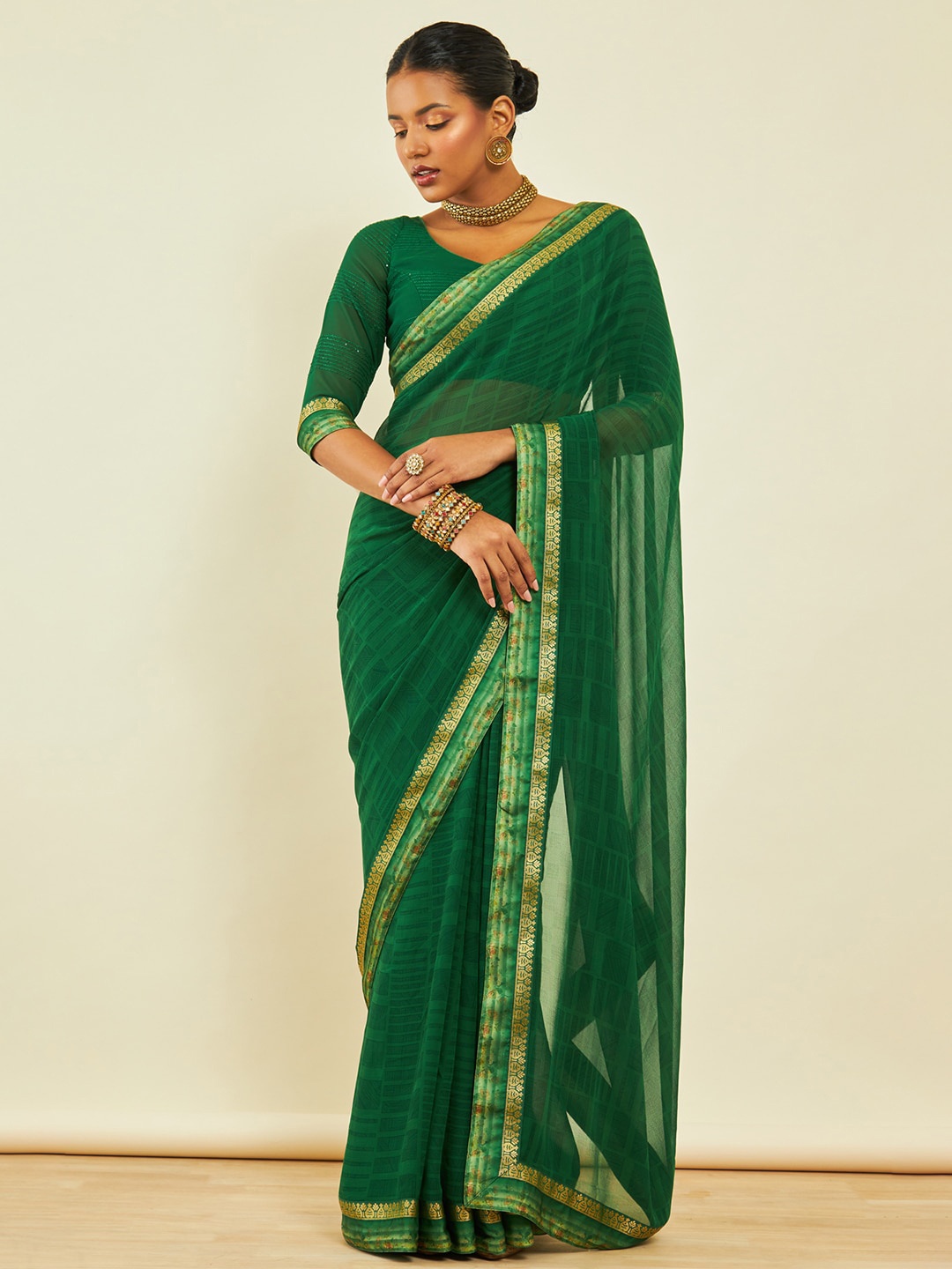 

Soch Geometric Printed Zari Saree, Green