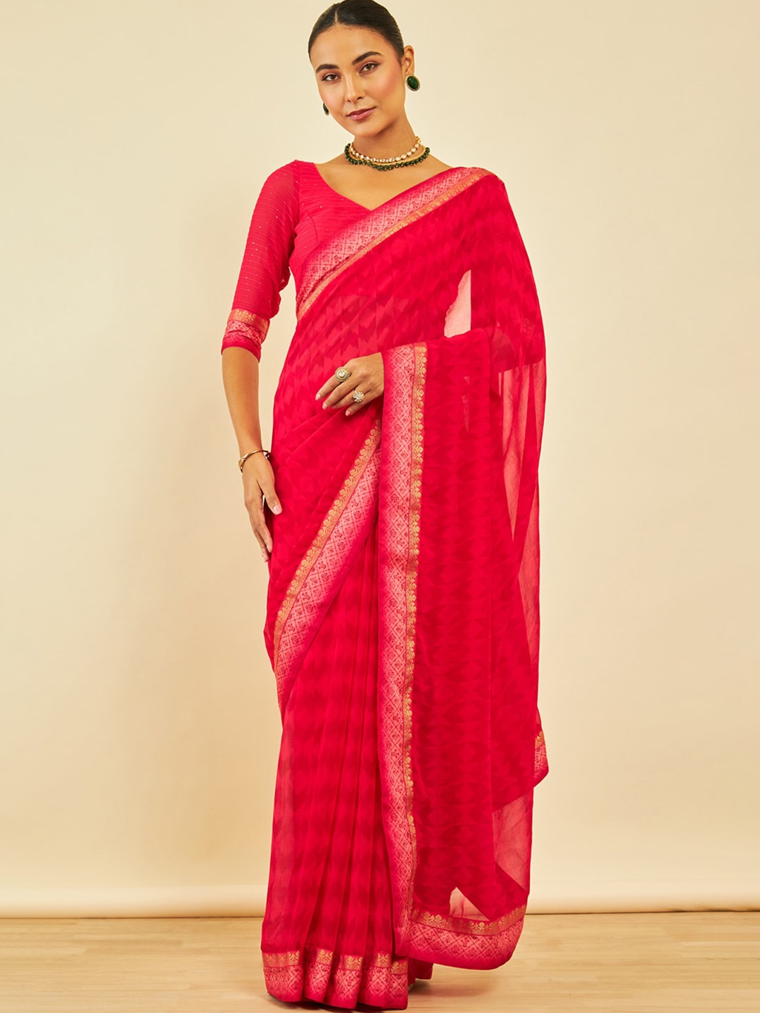 

Soch Geometric Printed Zari Saree, Pink