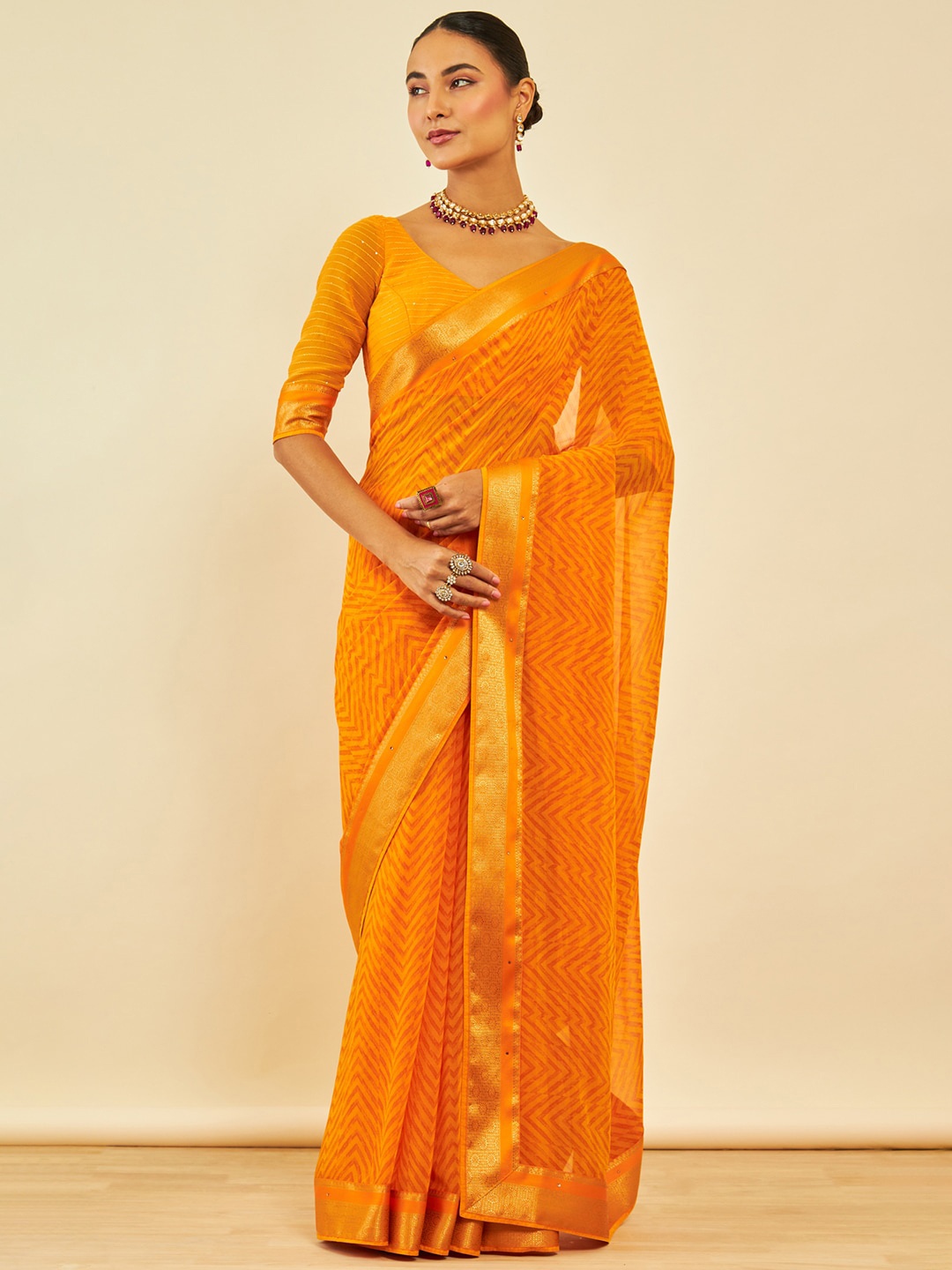 

Soch Chevron Printed Zari Saree, Mustard