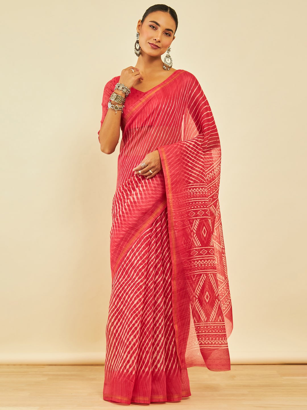 

Soch Leheriya Printed Zari Leheriya Saree, Coral