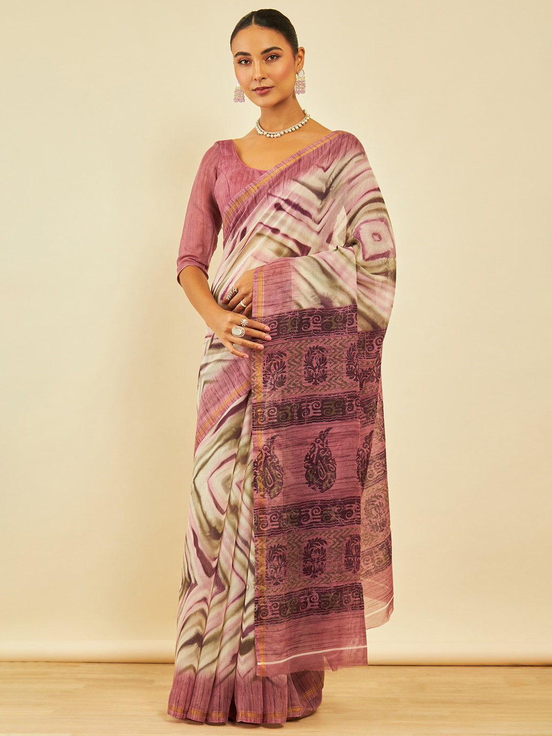 

Soch Geometric Printed Chanderi Saree, Pink