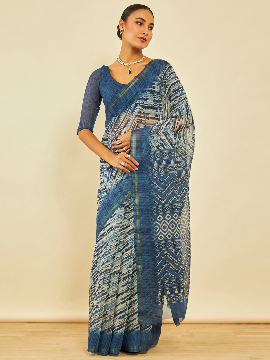 

Soch Abstract Printed Zari Chanderi Saree, Blue