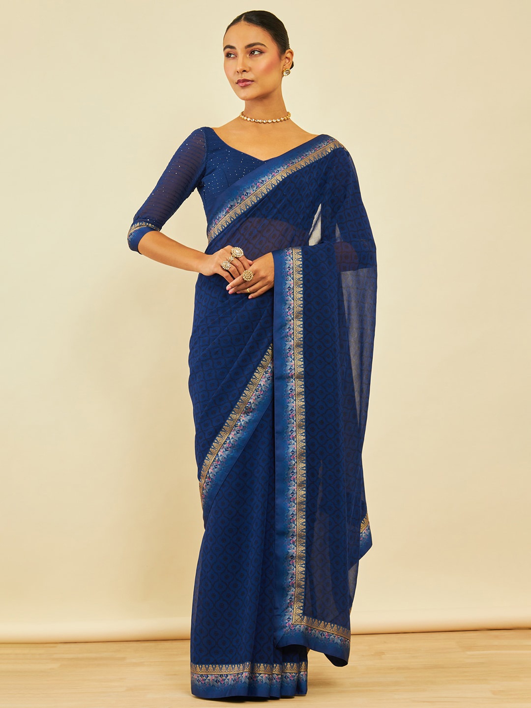 

Soch Floral Printed Saree, Navy blue