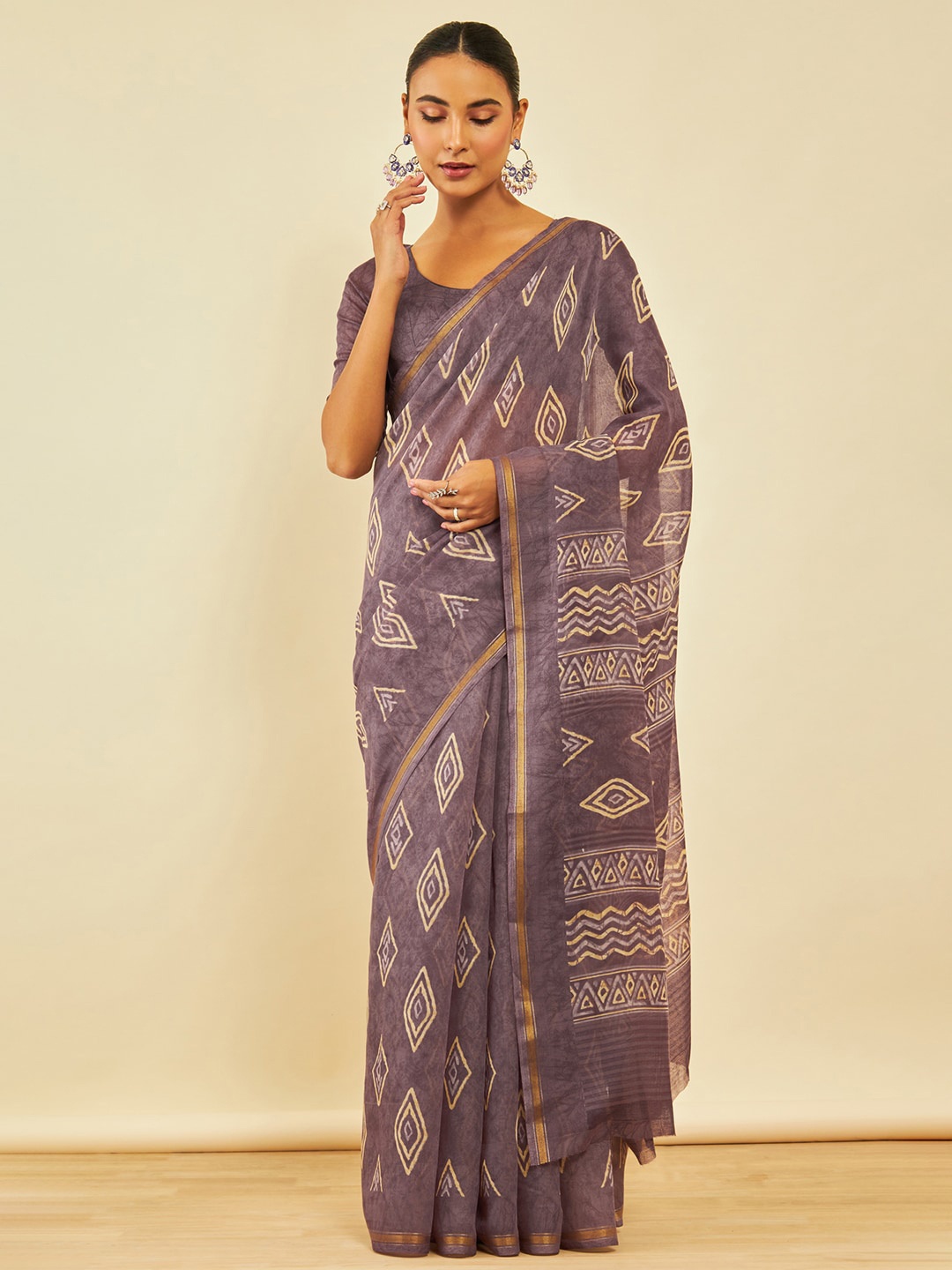 

Soch Geometric Printed Zari Chanderi Saree, Purple