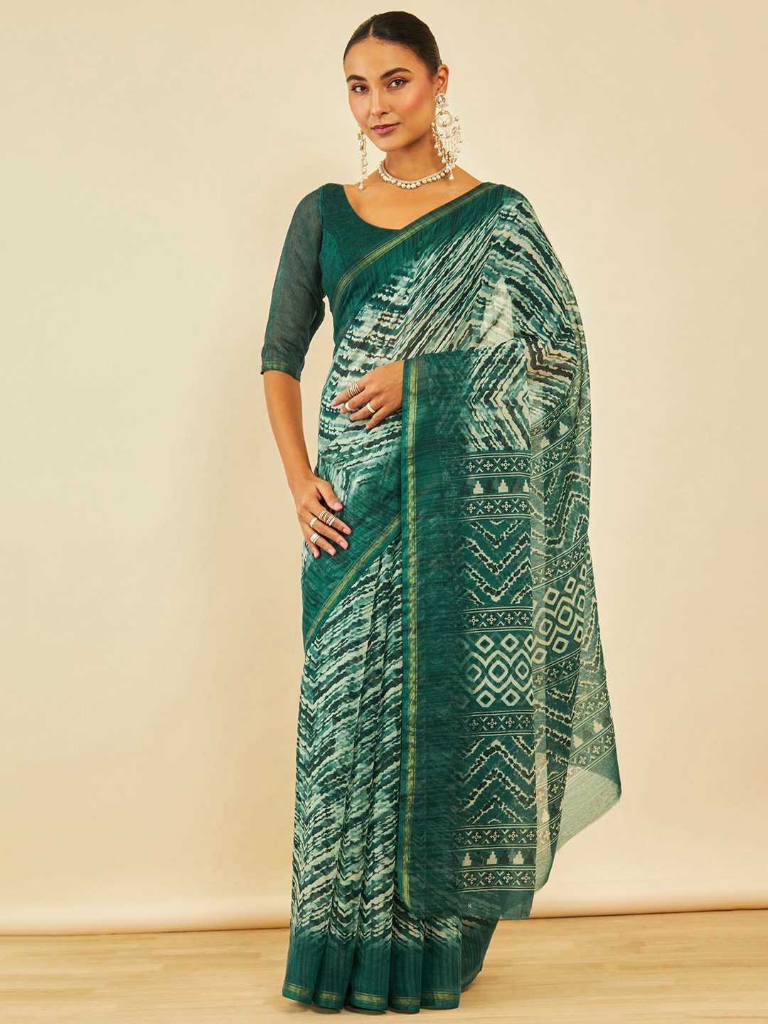 

Soch Abstract Printed Zari Chanderi Saree, Green