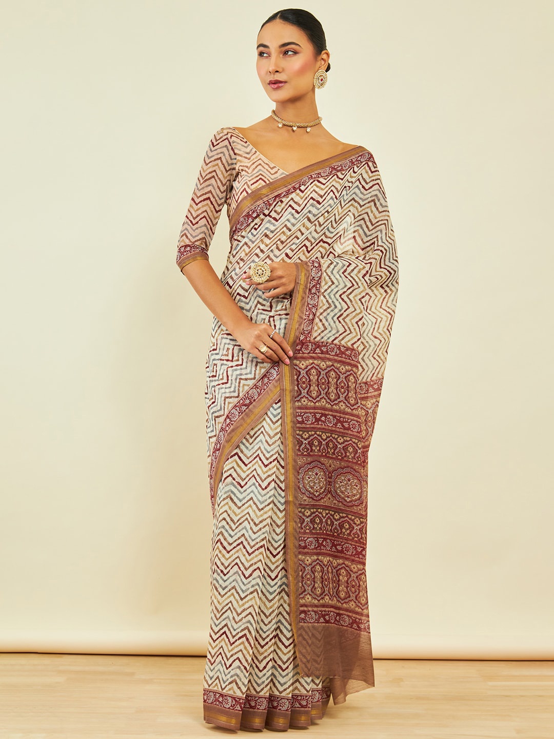 

Soch Chevron Printed Zari Chanderi Saree, Brown