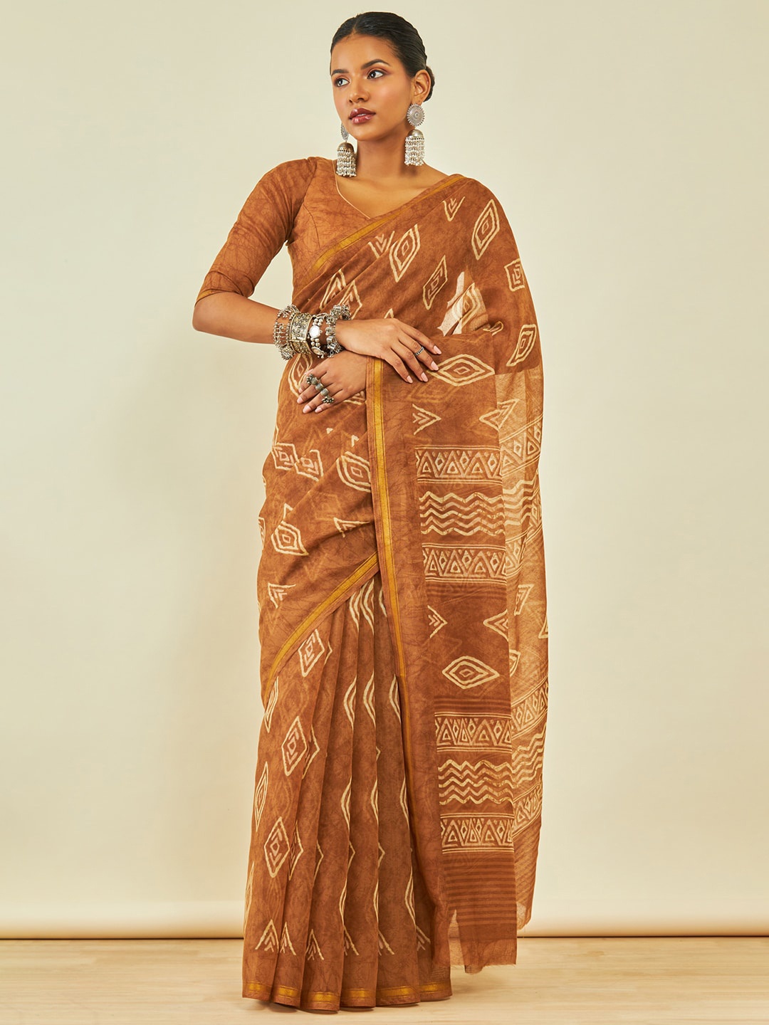 

Soch Geometric Printed Zari Chanderi Saree, Brown