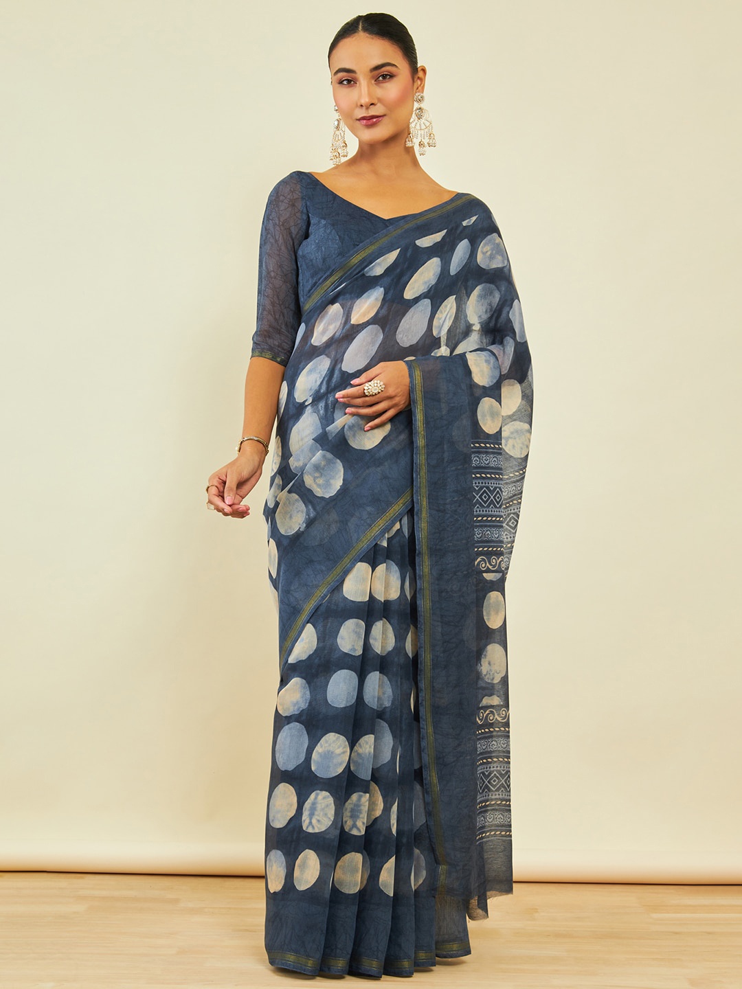

Soch Abstract Printed Zari Chanderi Saree, Blue