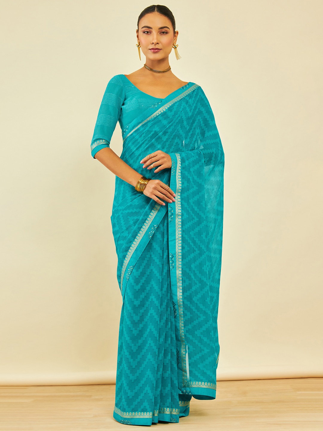 

Soch Chevron Printed Sequinned Saree, Turquoise blue