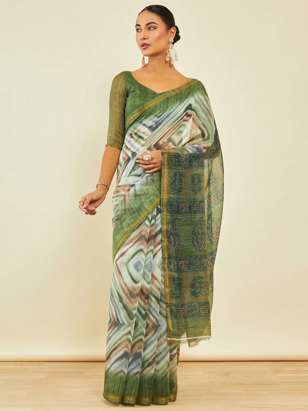 

Soch Geometric Printed Zari Chanderi Saree, Olive