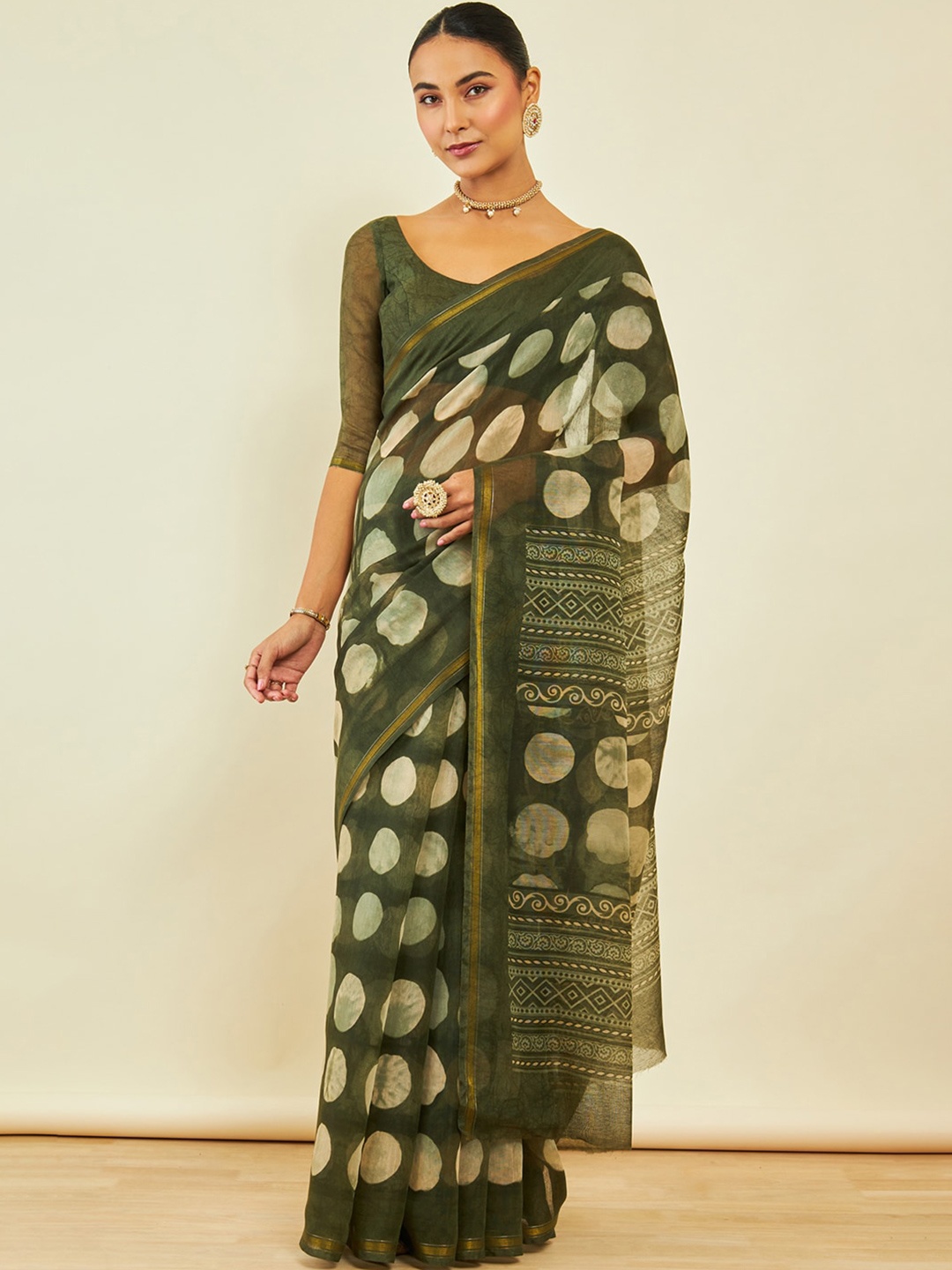 

Soch Geometric Printed Zari Chanderi Saree, Olive