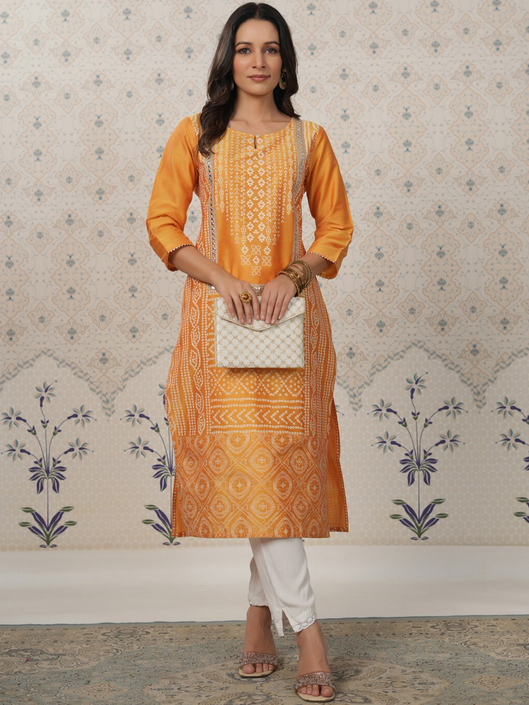 

Ode by House of Pataudi Bandhani Printed Keyhole Neck Kurta, Mustard