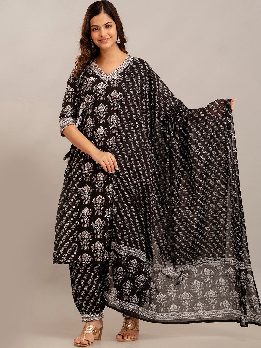 

KALINI Floral Printed Aari Work Pure Cotton Kurta with Patiala & With Dupatta, Black