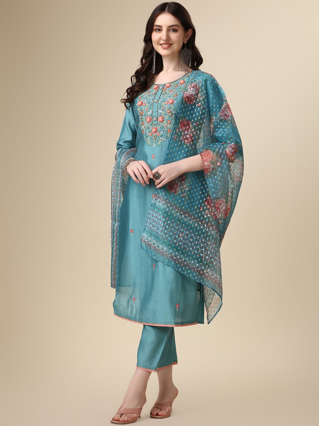 

KALINI Floral Yoke Design Chanderi Cotton Kurta with Trousers & With Dupatta, Blue