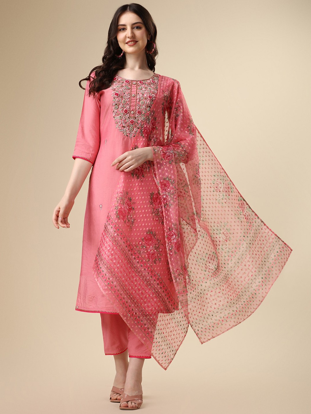 

KALINI Floral Yoke Design Chanderi Cotton Kurta with Trousers & With Dupatta, Pink