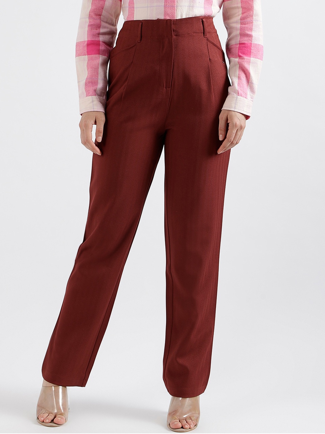

ELLE Women Straight Fit Mid-rise Lyocell Pleated Trousers, Rust