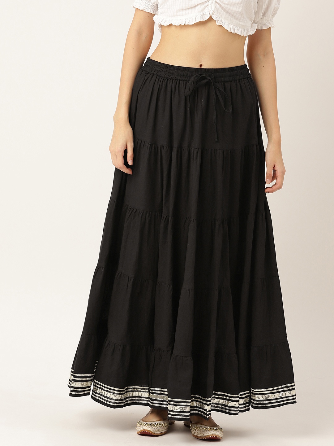 

Rue Collection Women Solid Tiered Cotton Gotta Patti Maxi Skirt, Black