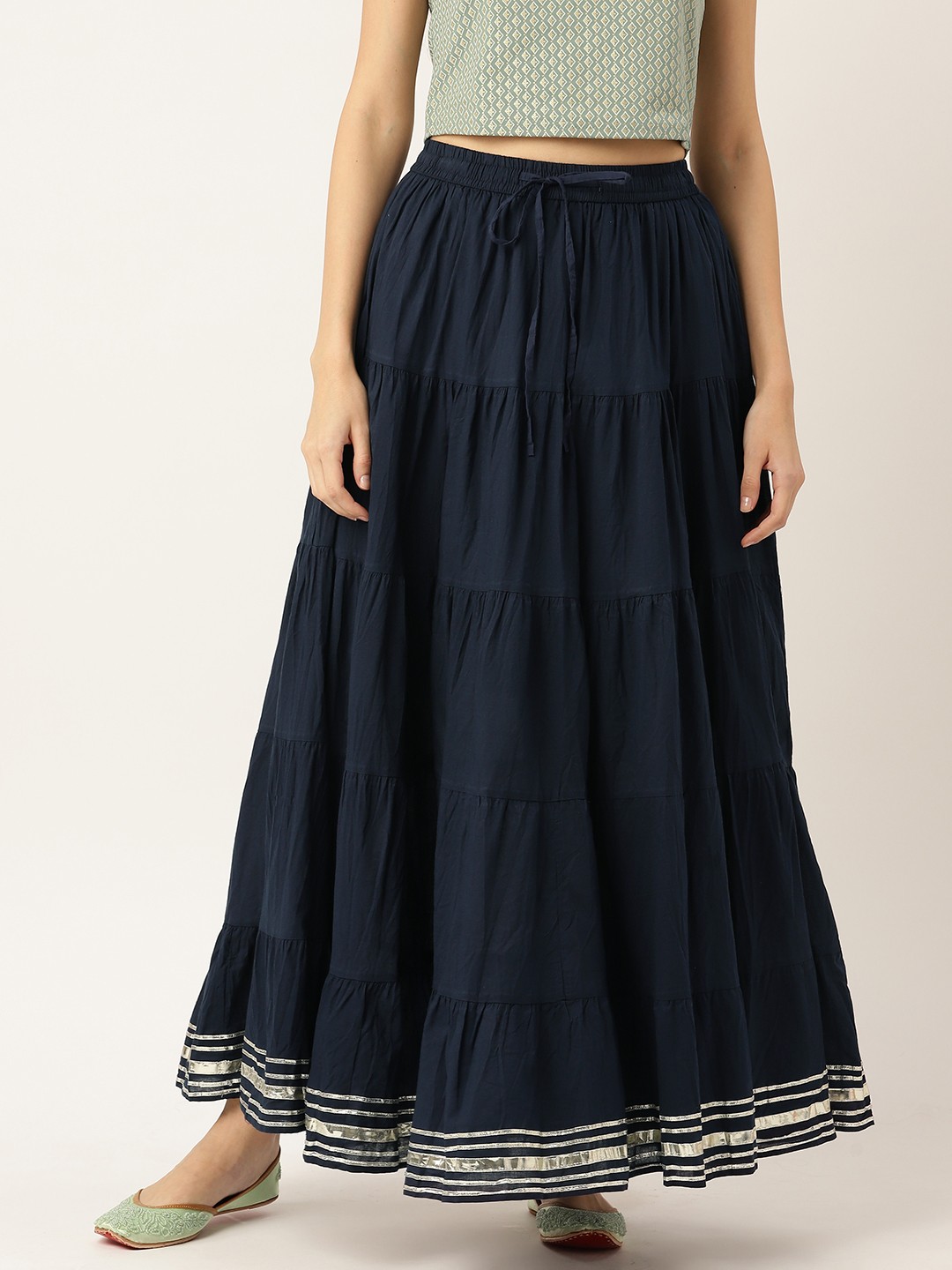 

Rue Collection Women Solid Tiered Cotton Gotta Patti Maxi Skirt, Navy blue