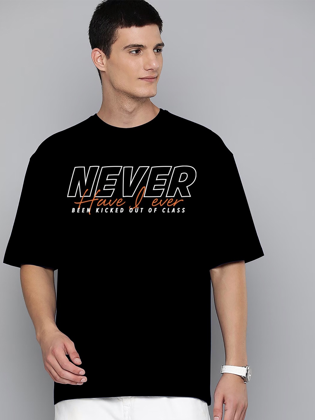 

Harvard Typography Printed Round Neck Drop-Shoulder Sleeves Cotton Oversized T-shirt, Black