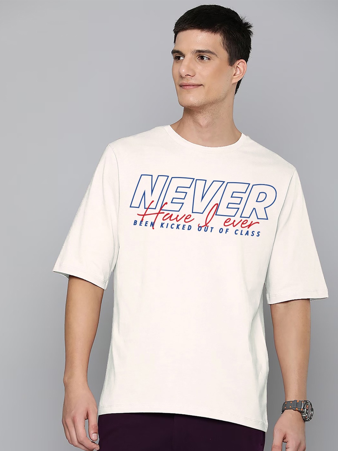 Harvard Typography Printed Round Neck Cotton Oversized T-shirt, Off white