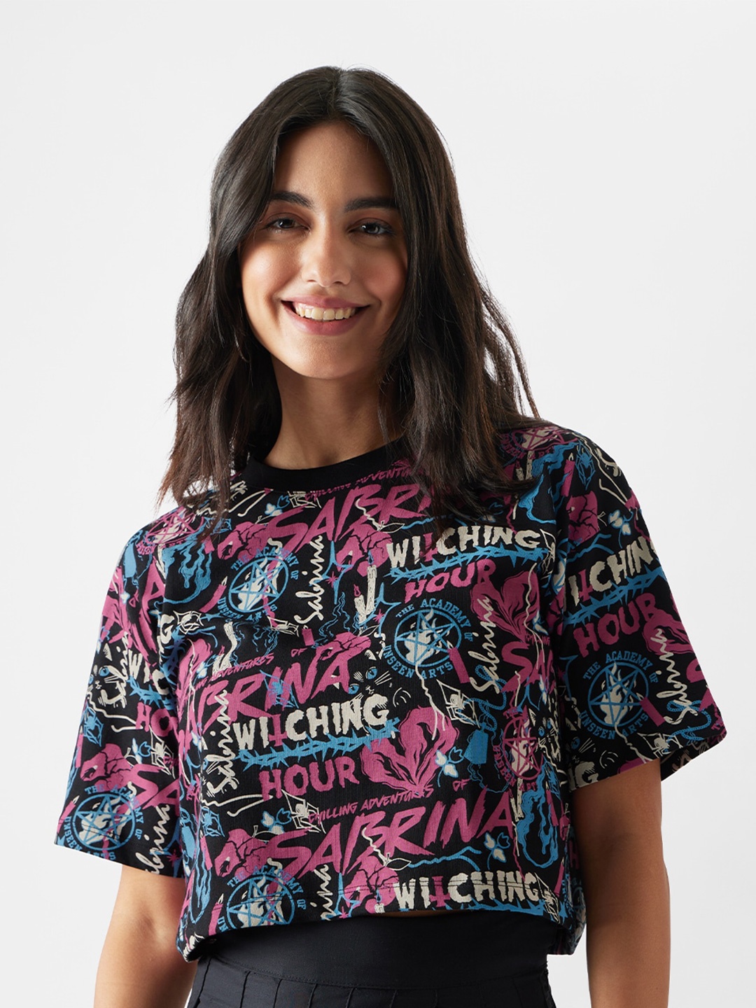 

The Souled Store Typography Printed Oversized Pure Cotton Crop T-shirt, Black