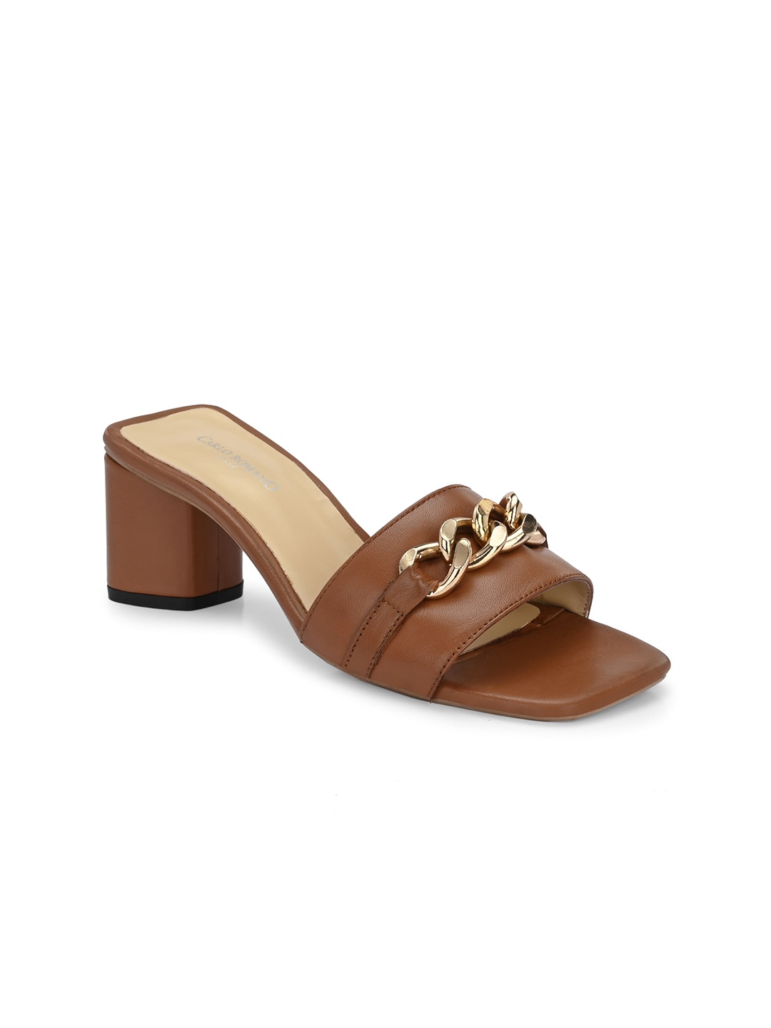 

CARLO ROMANO Embellished Open Toe Block Heels, Tan