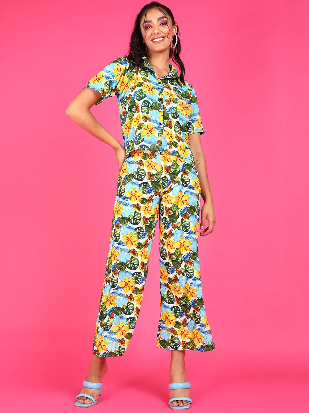 Popwings Abstract Printed Shirt Collar Shirt & Trouser, Yellow
