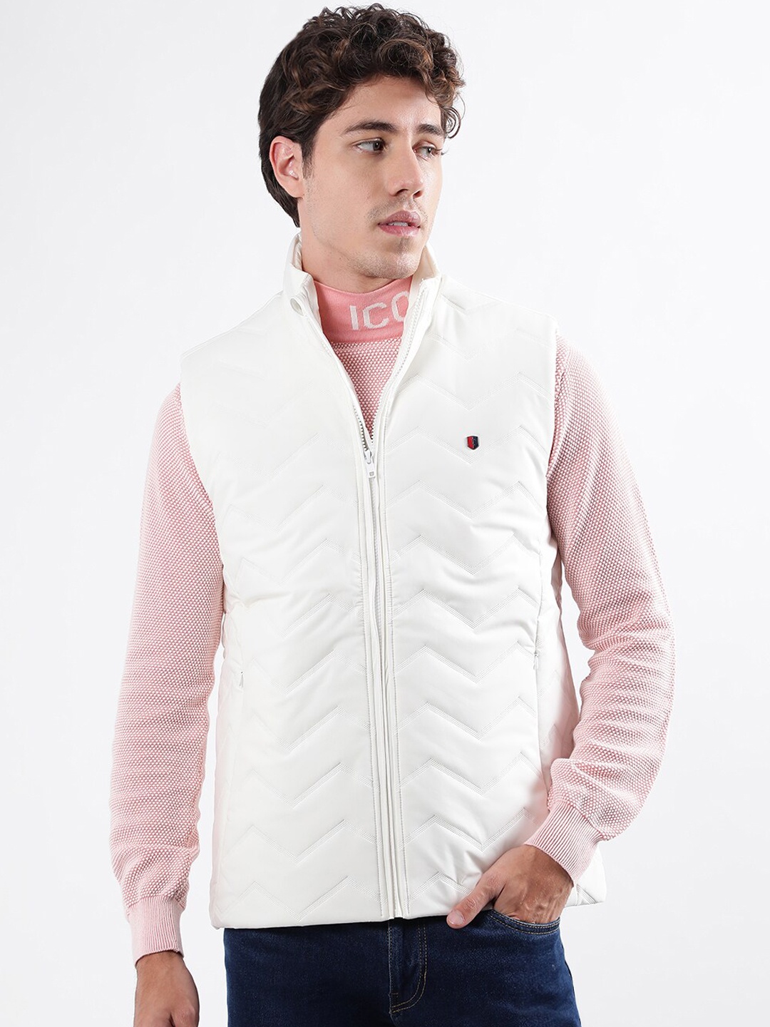 

Iconic Geometric Self Design Quilted Jacket, White