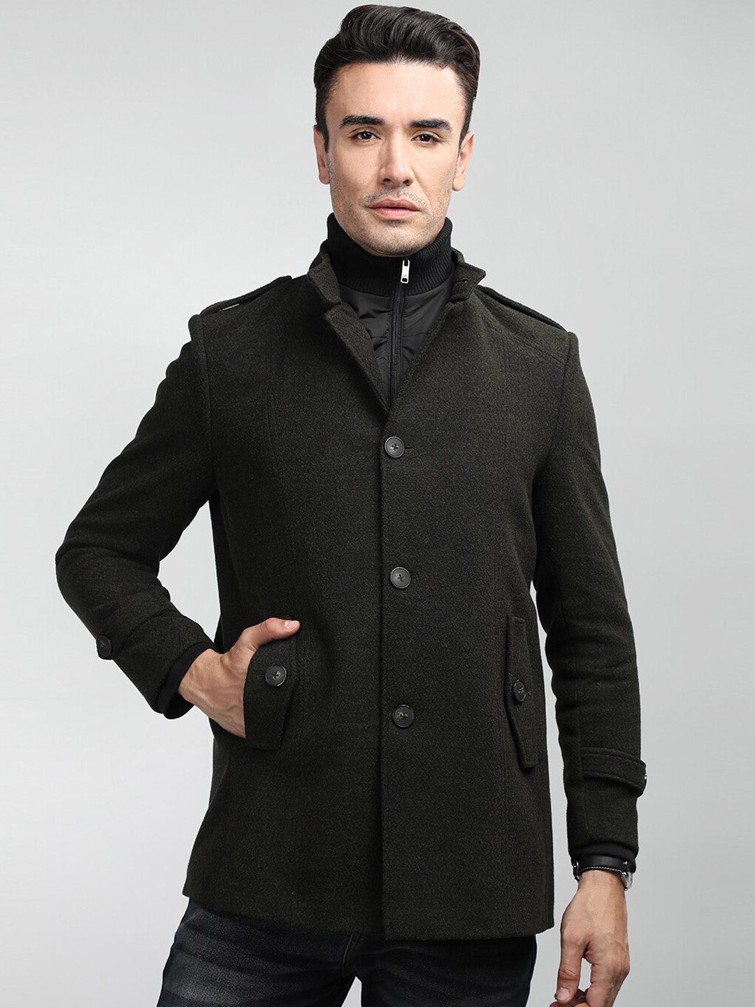 

LURE URBAN Single-Breasted Stand Collar Overcoat, Olive