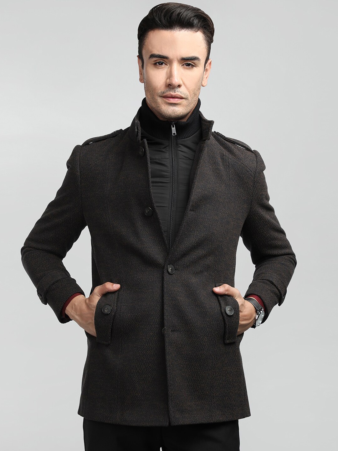 

LURE URBAN Single-Breasted Stand Collar Overcoat, Coffee brown