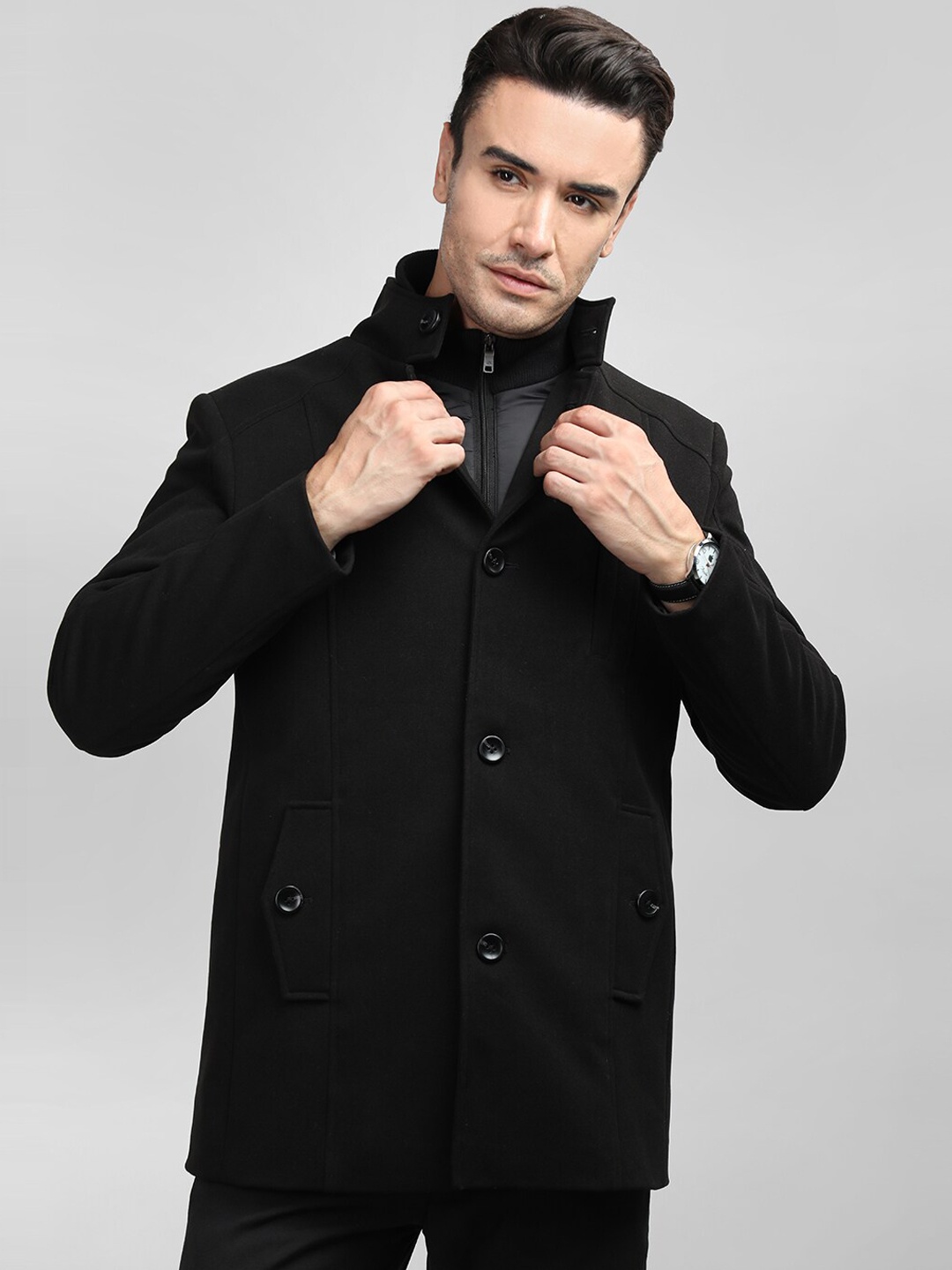 

LURE URBAN Single-Breasted Stand Collar Overcoat, Black