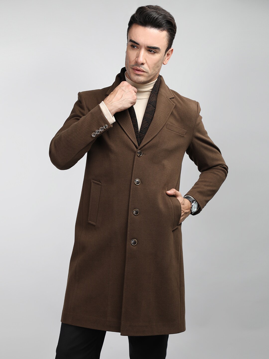 

LURE URBAN Notched Lapel Single Breasted Wool OverCoat, Brown