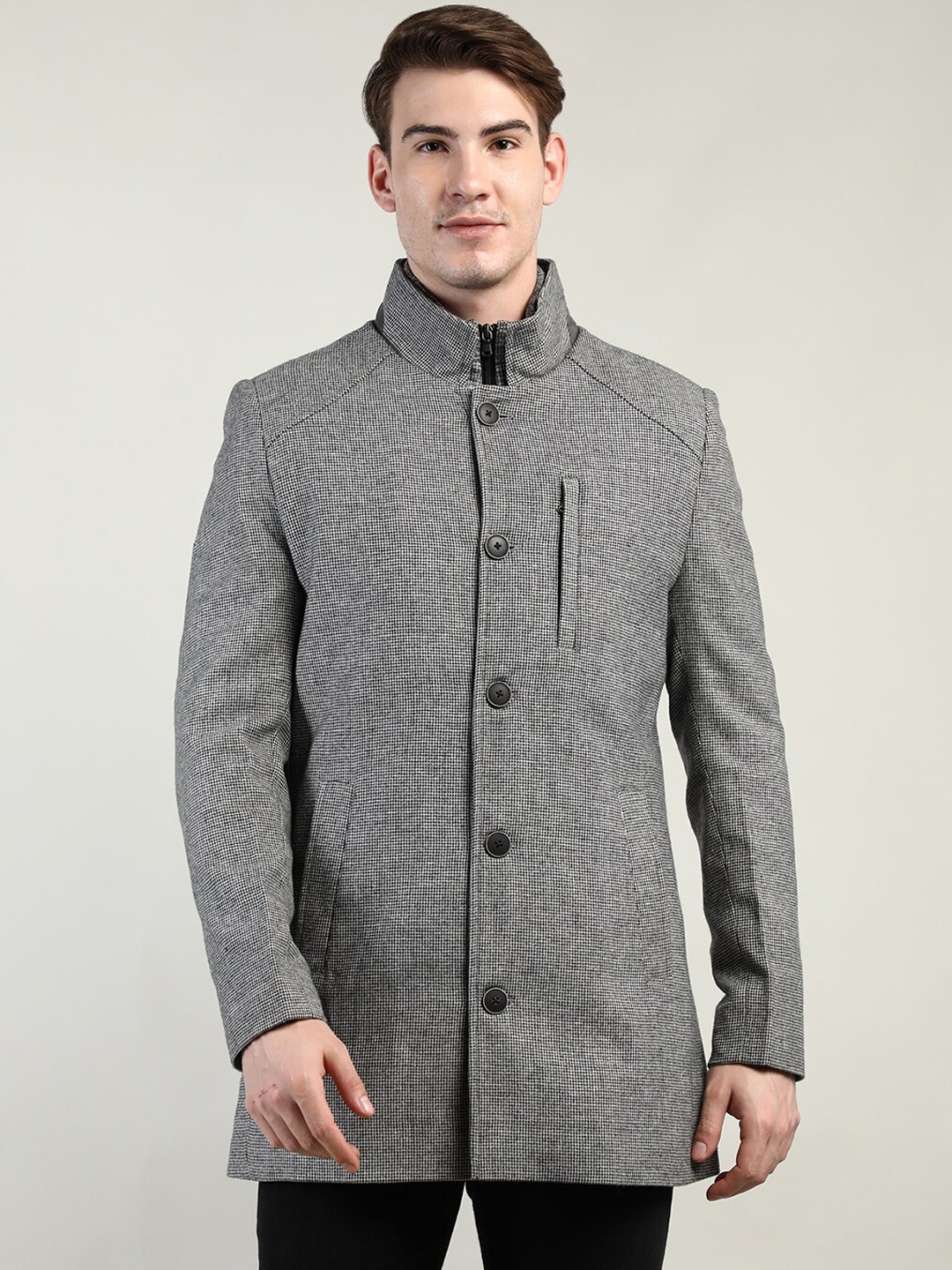 

LURE URBAN Mock Collar Long Sleeve Single Breasted Overcoat, Navy blue