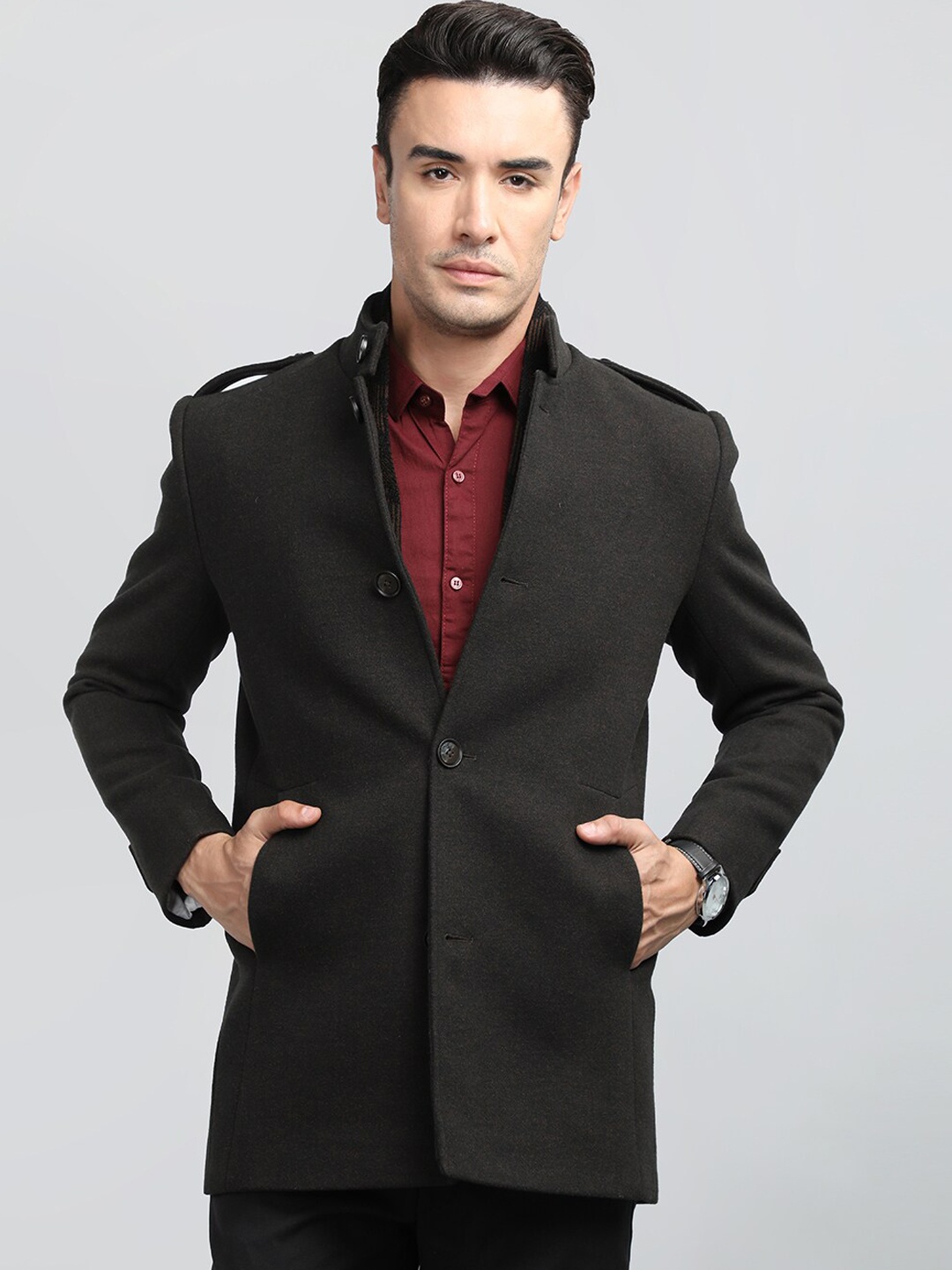 

LURE URBAN Stand Collar Long Sleeve Single Breasted Overcoat, Coffee brown