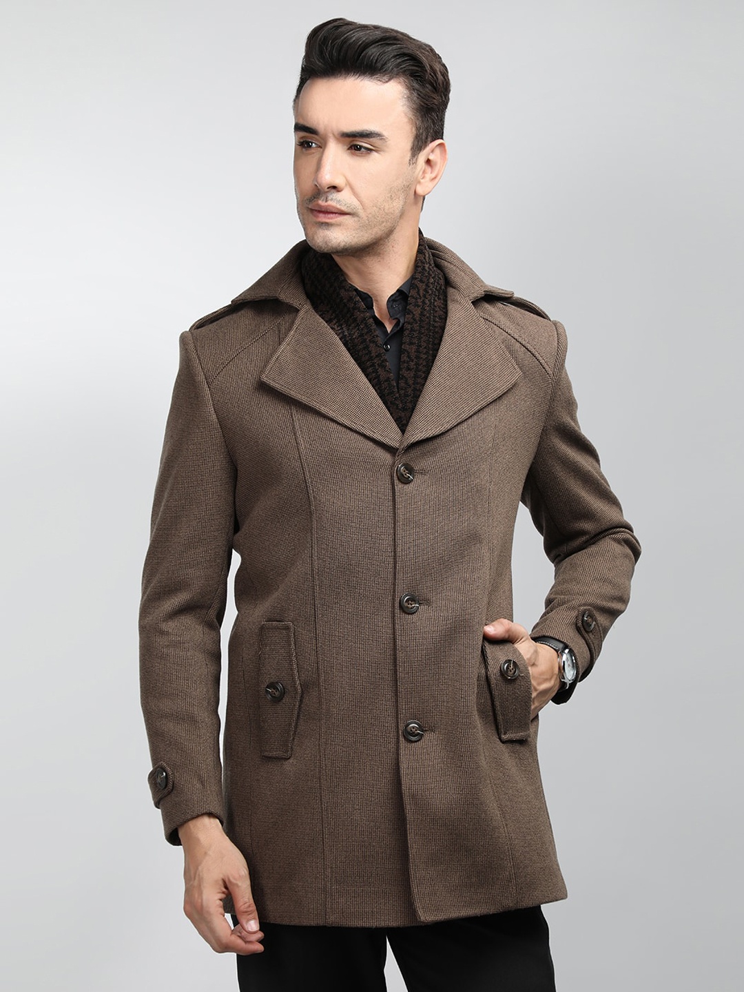 

LURE URBAN Notched Lapel Long Sleeve Single Breasted Overcoat, Brown