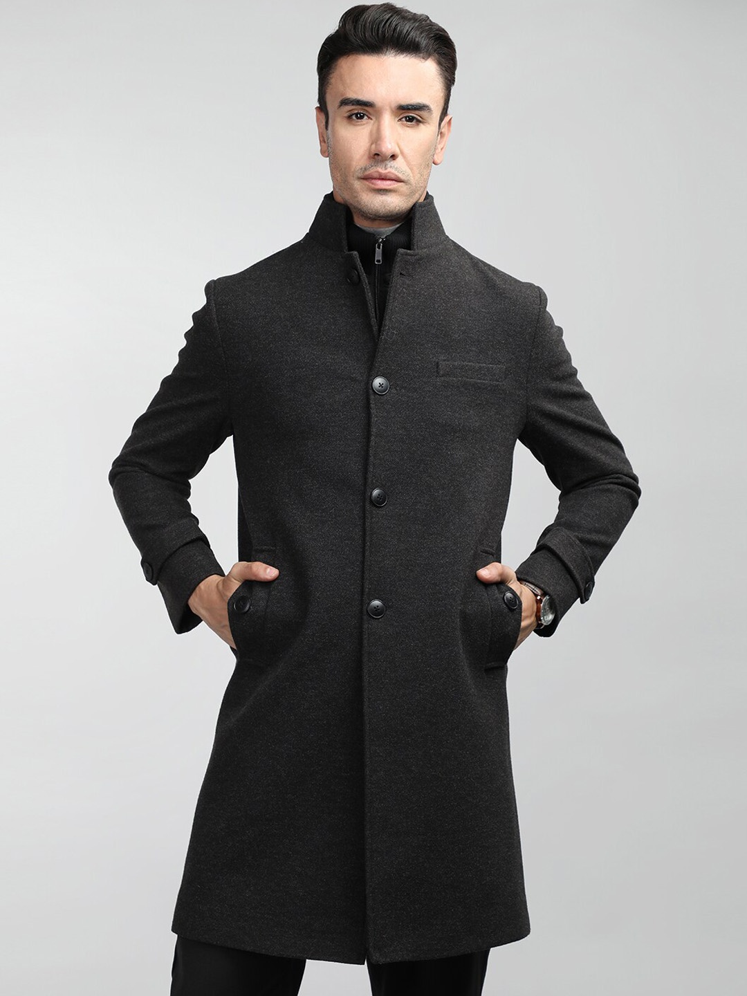 

LURE URBAN Stand Collar Long Sleeve Single Breasted Overcoat, Grey