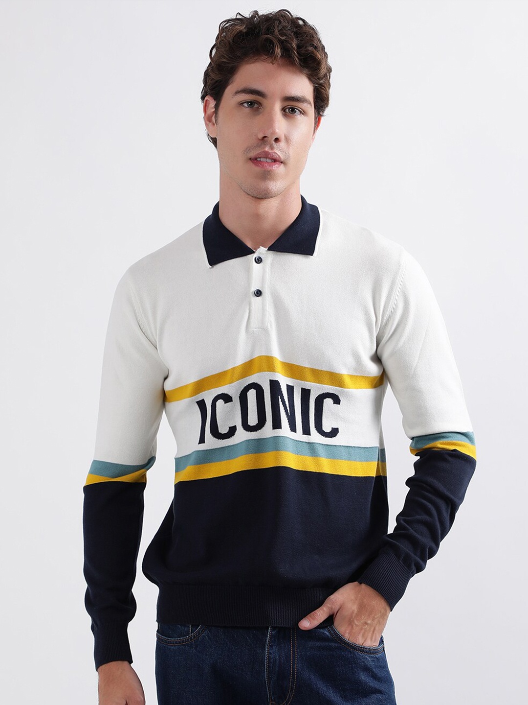 

Iconic Typography Printed Polo Collar Pure Cotton Pullover, White