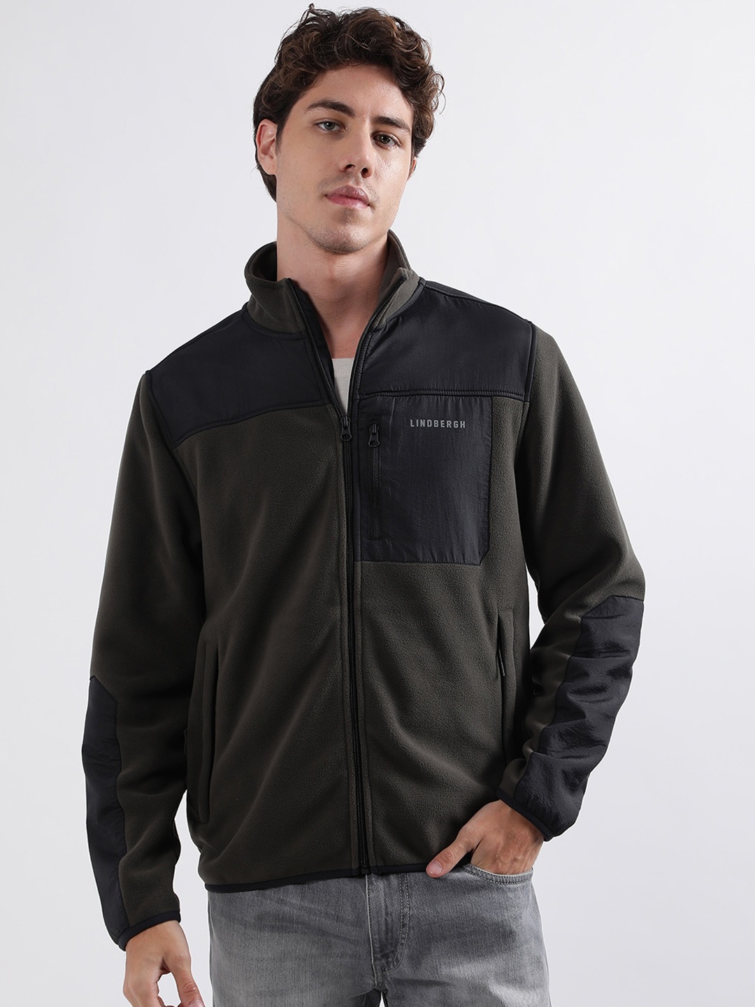 LINDBERGH Colourblocked Mock Collar Bomber Jacket, Green