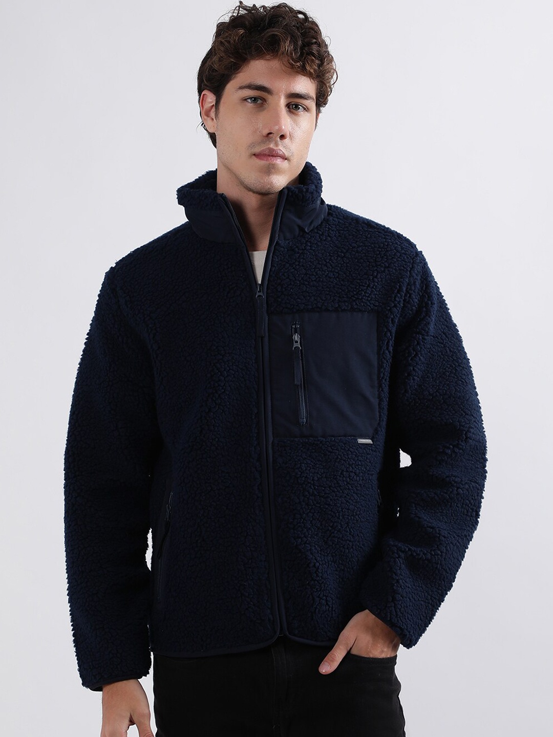 

LINDBERGH Self Design Fur Detail Stand Collar Tailored Jacket, Navy blue