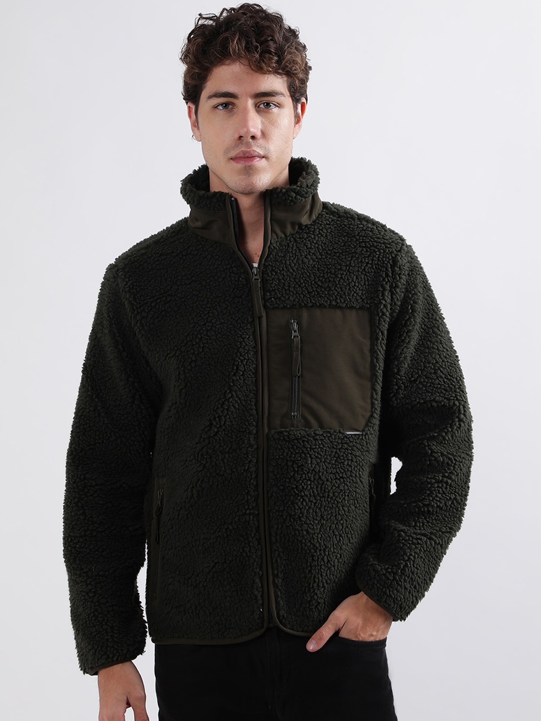 

LINDBERGH Self Design Fur Detail Stand Collar Tailored Jacket, Olive