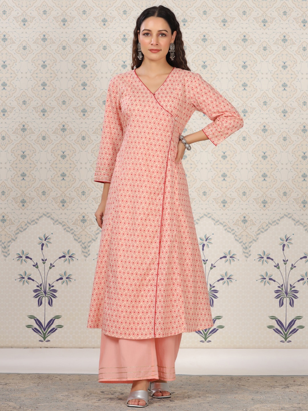 

Ode by House of Pataudi Ethnic Motifs Printed Pure Cotton A Line Kurta With Palazzos, Peach