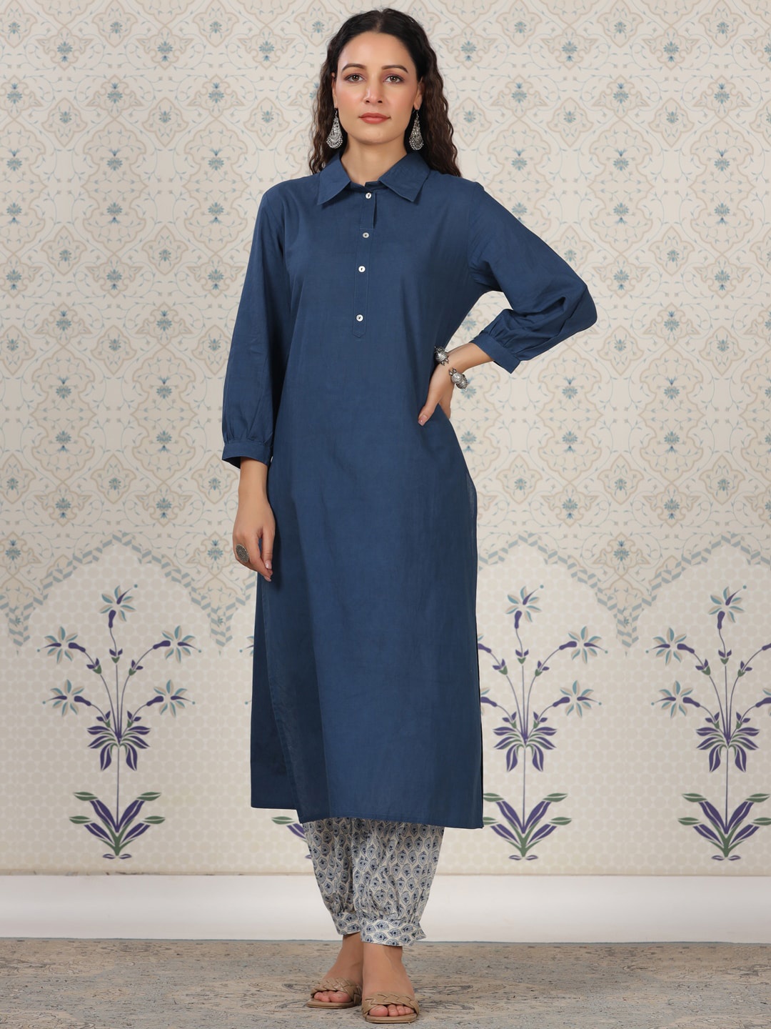 

Ode by House of Pataudi Pure Cotton Straight Kurta With Salwar, Blue