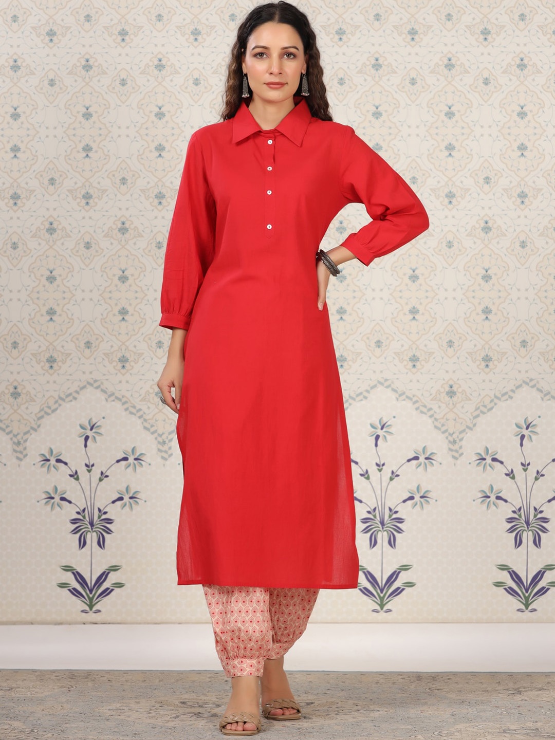 

Ode by House of Pataudi Regular Pure Cotton Pathani Kurta With Harem Pants, Red