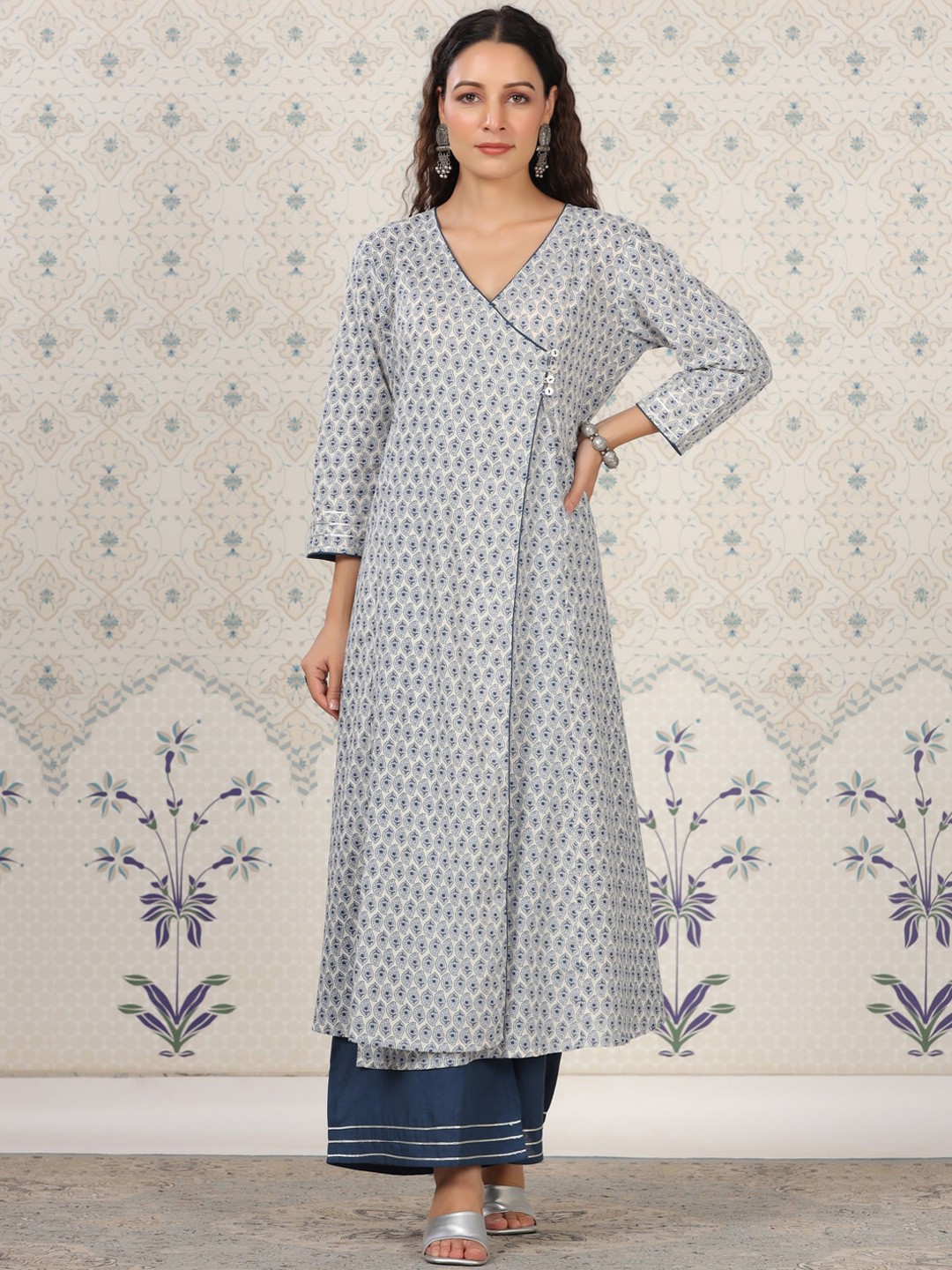 

Ode by House of Pataudi Ethnic Motifs Printed Pure Cotton Angrakha Kurta With Palazzos, Blue