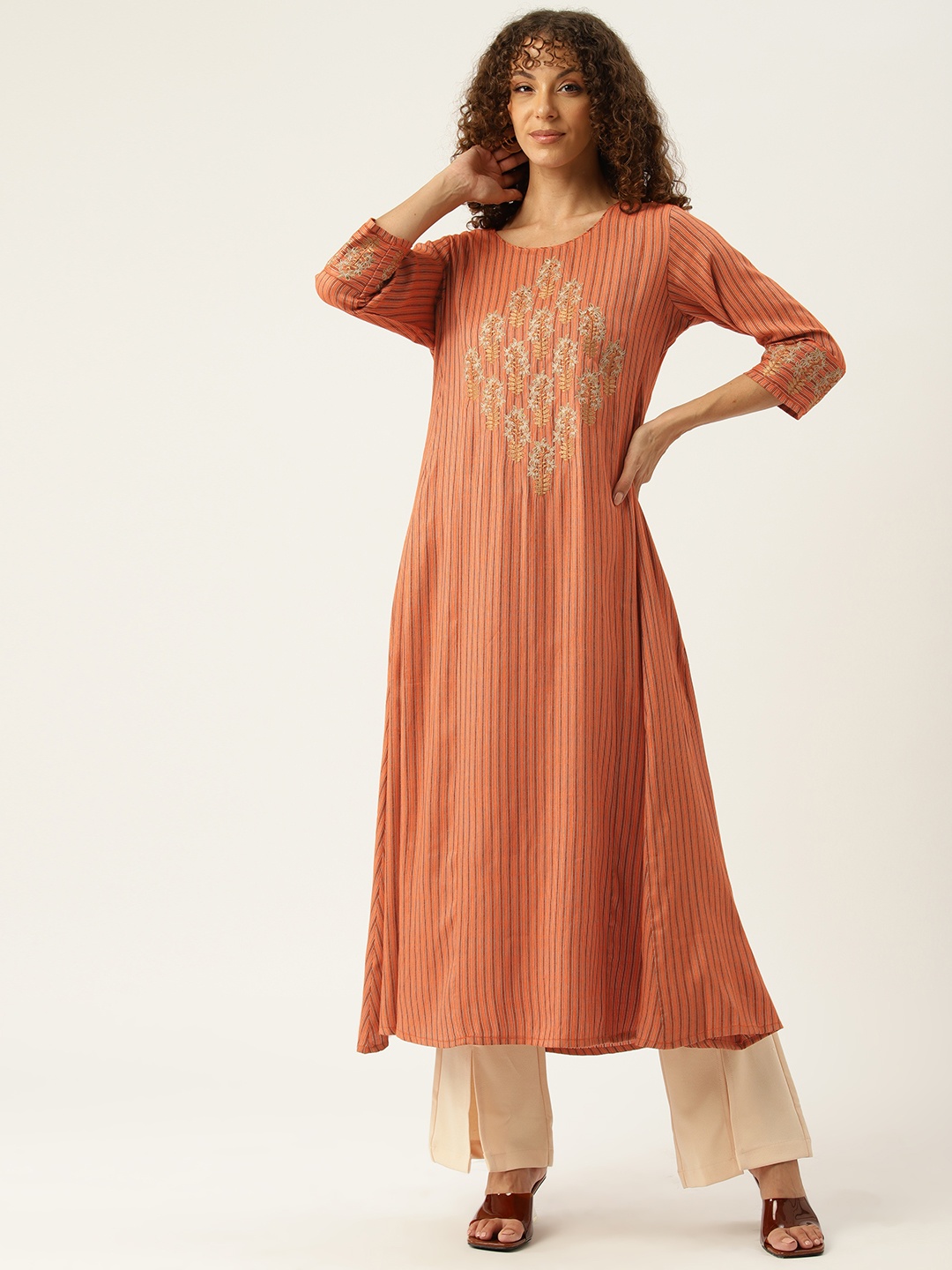

Rue Collection Striped Zari Kurta, Orange