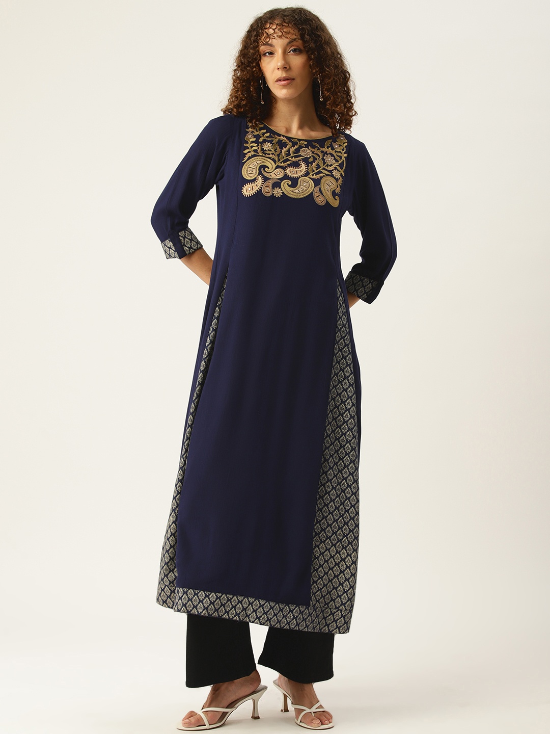 

Rue Collection Paisley Embroidered Mirror Work Kurta, Navy blue