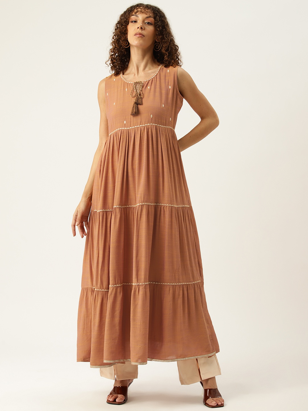 

Rue Collection Embroidered Tie-Up Neck Tiered Kurta, Rust