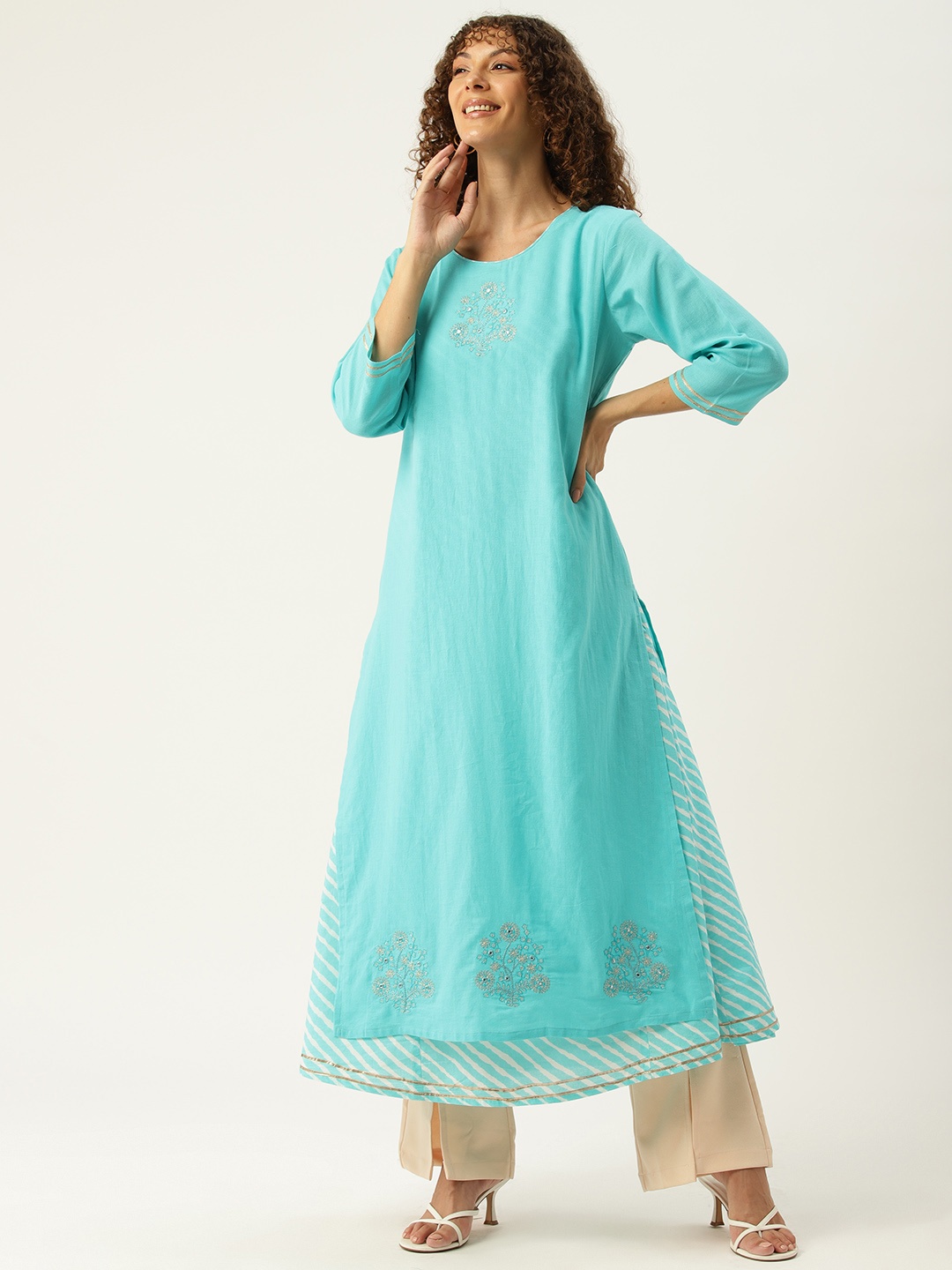

Rue Collection Ethnic Motifs Embroidered Mirror Work Pure Cotton Kurta, Turquoise blue
